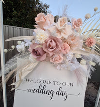 Load image into Gallery viewer, White Stands, Boho blush romantic flowers &amp; welcome sign - Advanced Package - HIRE ONLY
