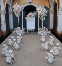 Load image into Gallery viewer, Boho Blush Romantic flowers, white stands, welcome sign &amp; 10 x table / aisle flowers – Deluxe Package - HIRE ONLY
