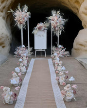 Load image into Gallery viewer, Boho Blush Romantic flowers, white stands, welcome sign &amp; 10 x table / aisle flowers – Deluxe Package - HIRE ONLY

