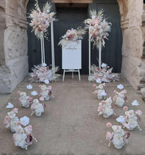 Load image into Gallery viewer, Boho Blush Romantic flowers, white stands, welcome sign &amp; 10 x table / aisle flowers – Deluxe Package - HIRE ONLY

