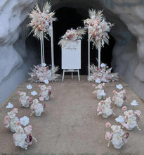 Load image into Gallery viewer, Boho Blush Romantic flowers, white stands, welcome sign &amp; 10 x table / aisle flowers – Deluxe Package - HIRE ONLY
