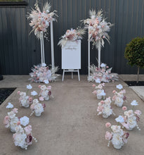 Load image into Gallery viewer, Boho Blush Romantic flowers, white stands, welcome sign &amp; 10 x table / aisle flowers – Deluxe Package - HIRE ONLY
