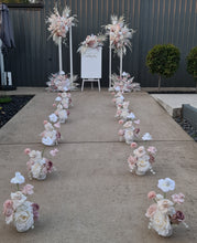 Load image into Gallery viewer, Boho Blush Romantic flowers, white stands, welcome sign &amp; 10 x table / aisle flowers – Deluxe Package - HIRE ONLY
