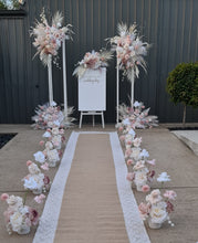 Load image into Gallery viewer, Boho Blush Romantic flowers, white stands, welcome sign &amp; 10 x table / aisle flowers – Deluxe Package - HIRE ONLY
