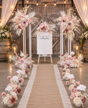 Load image into Gallery viewer, Boho Blush Romantic flowers, white stands, welcome sign &amp; 10 x table / aisle flowers – Deluxe Package - HIRE ONLY
