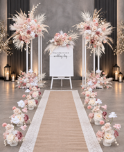 Load image into Gallery viewer, Boho Blush Romantic flowers, white stands, welcome sign &amp; 10 x table / aisle flowers – Deluxe Package - HIRE ONLY
