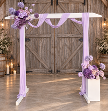 Load image into Gallery viewer, White wood arbour &amp; 2 x purple / violet flowers - HIRE ONLY
