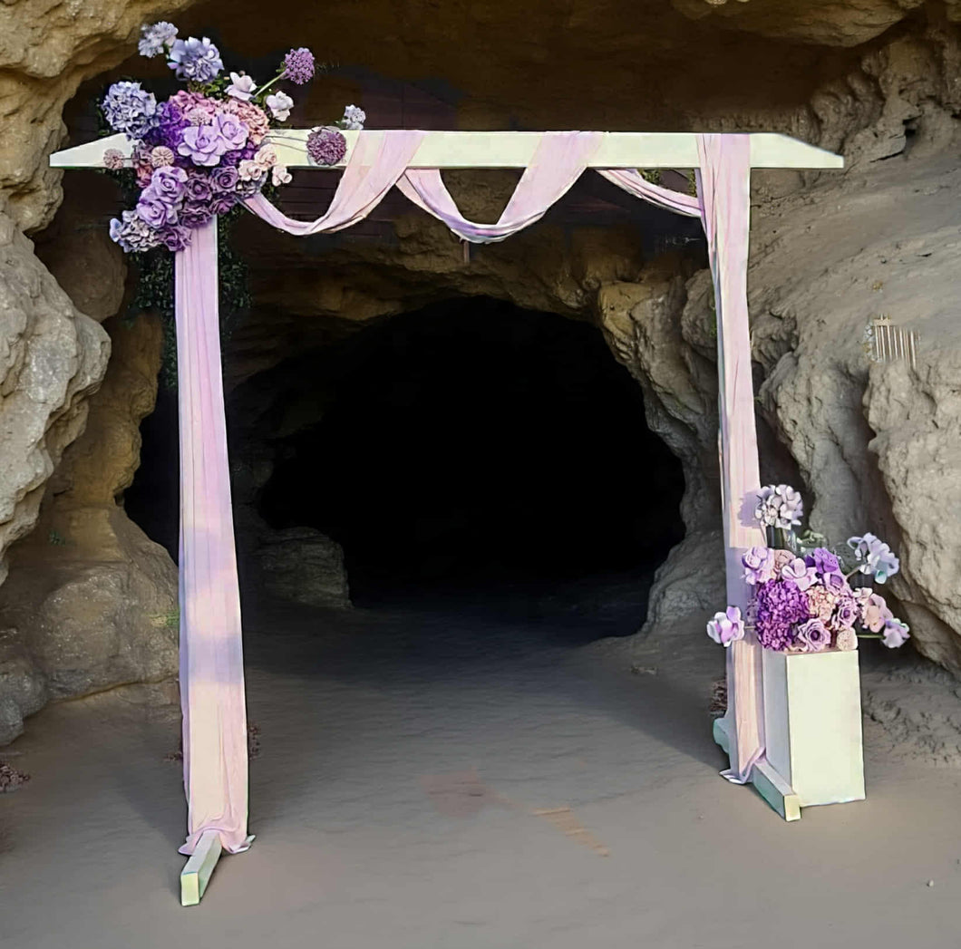 White wood arbour & 2 x purple / violet flowers - HIRE ONLY