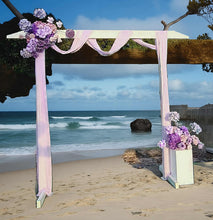Load image into Gallery viewer, White wood arbour &amp; 2 x purple / violet flowers - HIRE ONLY
