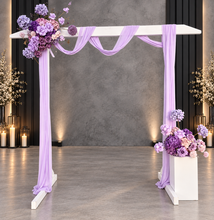 Load image into Gallery viewer, White wood arbour &amp; 2 x purple / violet flowers - HIRE ONLY
