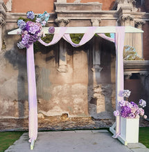 Load image into Gallery viewer, White wood arbour &amp; 2 x purple / violet flowers - HIRE ONLY
