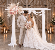 Load image into Gallery viewer, White wood arbour &amp; 1 x Boho blush romantic flowers - HIRE ONLY
