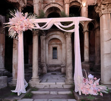 Load image into Gallery viewer, White wood arbour &amp; 2 x Boho blush romantic flowers - HIRE ONLY
