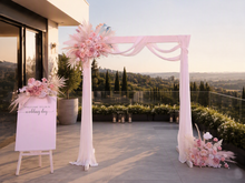 Load image into Gallery viewer, White wood arbour &amp; 3 x Boho blush romantic flowers and easel - HIRE ONLY
