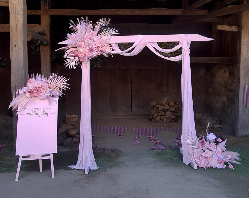 White wood arbour & 3 x Boho blush romantic flowers and easel - HIRE ONLY