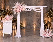 Load image into Gallery viewer, White wood arbour &amp; 3 x Boho blush romantic flowers and easel - HIRE ONLY
