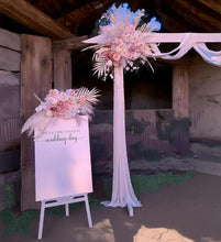 Load image into Gallery viewer, White wood arbour &amp; 3 x Boho blush romantic flowers and easel - HIRE ONLY

