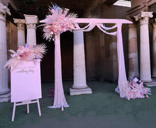 Load image into Gallery viewer, White wood arbour &amp; 3 x Boho blush romantic flowers and easel - HIRE ONLY
