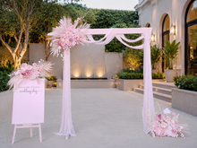 Load image into Gallery viewer, White wood arbour &amp; 3 x Boho blush romantic flowers and easel - HIRE ONLY
