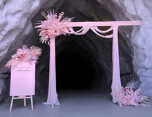 Load image into Gallery viewer, White wood arbour &amp; 3 x Boho blush romantic flowers and easel - HIRE ONLY
