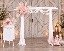 Load image into Gallery viewer, White wood arbour &amp; 3 x Boho blush romantic flowers and easel - HIRE ONLY
