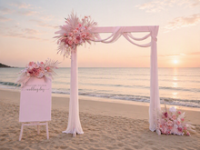 Load image into Gallery viewer, White wood arbour &amp; 3 x Boho blush romantic flowers and easel - HIRE ONLY
