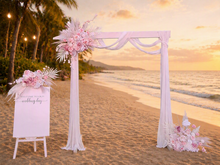 Load image into Gallery viewer, White wood arbour &amp; 3 x Boho blush romantic flowers and easel - HIRE ONLY
