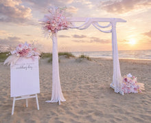 Load image into Gallery viewer, White wood arbour &amp; 3 x Boho blush romantic flowers and easel - HIRE ONLY
