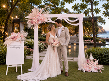 Load image into Gallery viewer, White wood arbour &amp; 3 x Boho blush romantic flowers and easel - HIRE ONLY
