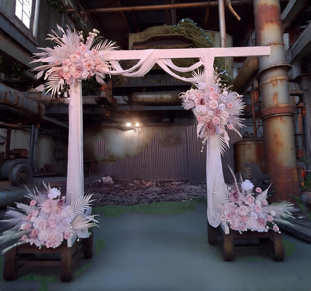 White wood arbour & 4 x Boho blush romantic flowers - HIRE ONLY
