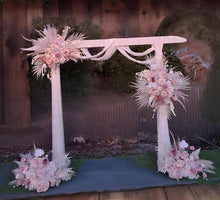 Load image into Gallery viewer, White wood arbour &amp; 4 x Boho blush romantic flowers - HIRE ONLY
