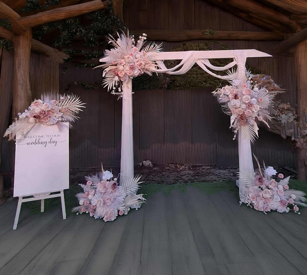 White wood arbour & 5 x Boho blush romantic flowers and easel - HIRE ONLY