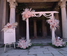 Load image into Gallery viewer, White wood arbour &amp; 5 x Boho blush romantic flowers and easel - HIRE ONLY
