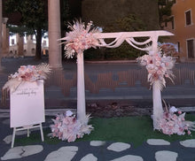 Load image into Gallery viewer, White wood arbour &amp; 5 x Boho blush romantic flowers and easel - HIRE ONLY
