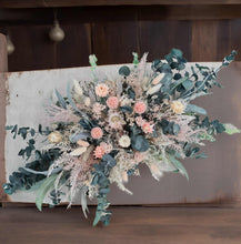 Load image into Gallery viewer, Green Neutral &amp; Pink Flowers – Welcome sign / easel / small backdrop flowers - HIRE ONLY
