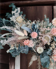 Load image into Gallery viewer, Green Neutral &amp; Pink Flowers – Welcome sign / easel / small backdrop flowers - HIRE ONLY
