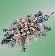 Load image into Gallery viewer, Green Neutral &amp; Pink Flowers – Welcome sign / easel / small backdrop flowers - HIRE ONLY
