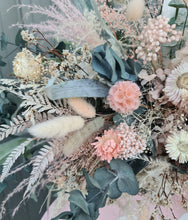 Load image into Gallery viewer, Green Neutral &amp; Pink Flowers – Welcome sign / easel / small backdrop flowers - HIRE ONLY
