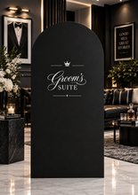 Load image into Gallery viewer, Groom’s Suite / Preparation Room Black arch backdrop – 1.83m tall - HIRE ONLY
