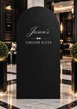 Load image into Gallery viewer, Groom’s Suite / Preparation Room Black arch backdrop – 1.83m tall - HIRE ONLY
