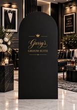 Load image into Gallery viewer, Groom’s Suite / Preparation Room Black arch backdrop – 1.83m tall - HIRE ONLY

