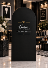 Load image into Gallery viewer, Groom’s Suite / Preparation Room Black arch backdrop – 1.83m tall - HIRE ONLY
