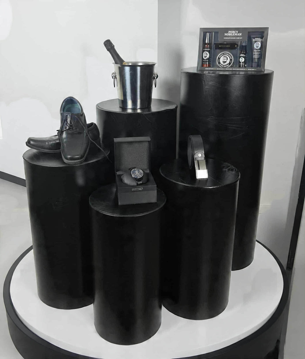 Grooms Preparation Room - Set of 5 Black leather look Cylinder Plinths - HIRE ONLY