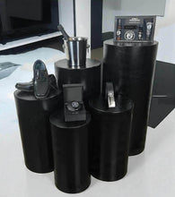 Load image into Gallery viewer, Grooms Preparation Room - Set of 5 Black leather look Cylinder Plinths - HIRE ONLY
