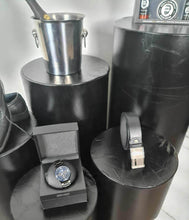 Load image into Gallery viewer, Grooms Preparation Room - Set of 5 Black leather look Cylinder Plinths - HIRE ONLY
