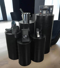 Load image into Gallery viewer, Grooms Preparation Room - Set of 5 Black leather look Cylinder Plinths - HIRE ONLY
