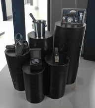 Load image into Gallery viewer, Grooms Preparation Room - Set of 5 Black leather look Cylinder Plinths - HIRE ONLY
