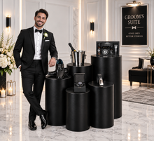 Load image into Gallery viewer, Grooms Preparation Room - Set of 5 Black leather look Cylinder Plinths - HIRE ONLY
