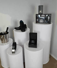 Load image into Gallery viewer, Grooms Preparation Room - Set of 5 White leather look Cylinder Plinths - HIRE ONLY
