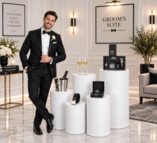 Load image into Gallery viewer, Grooms Preparation Room - Set of 5 White leather look Cylinder Plinths - HIRE ONLY
